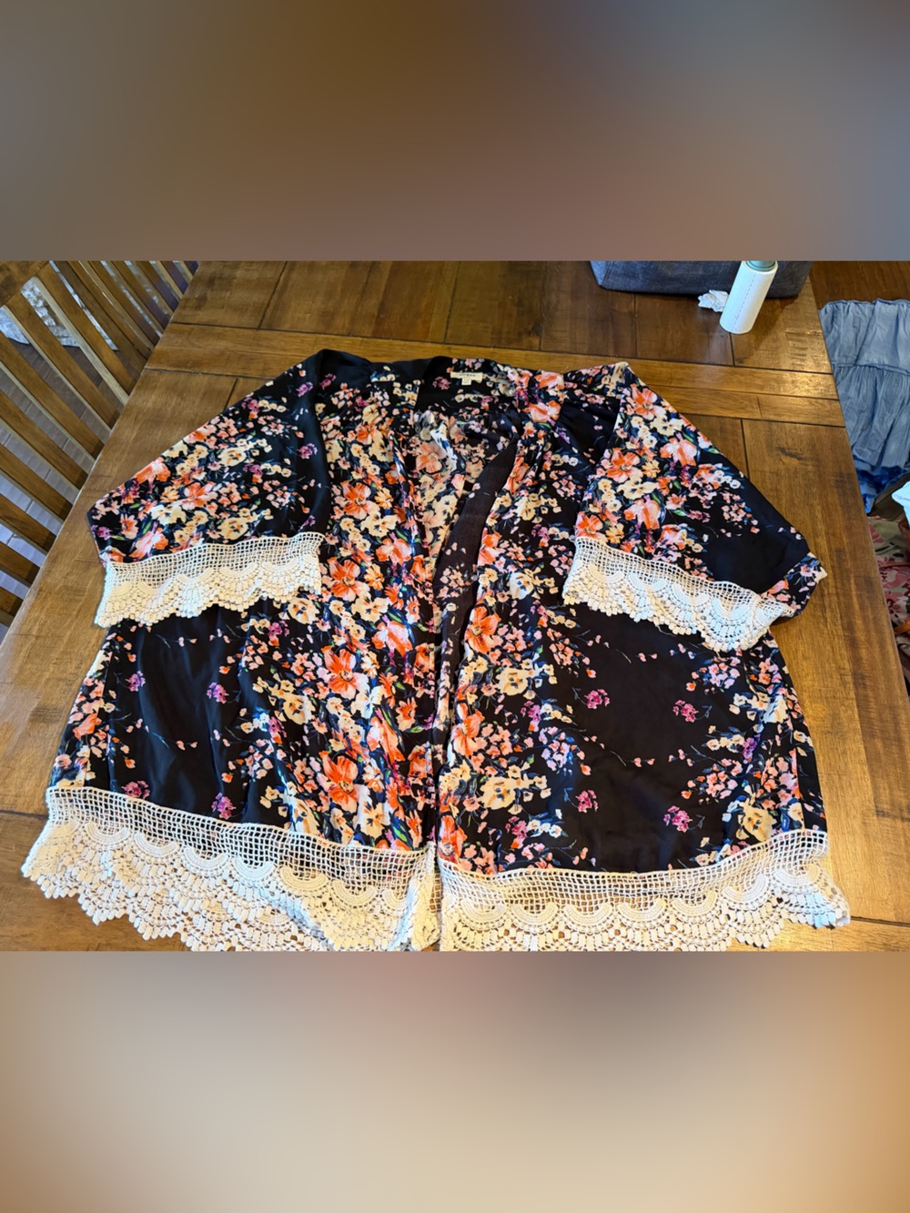 Umgee Black Floral Kimono with Cream Lace Trim